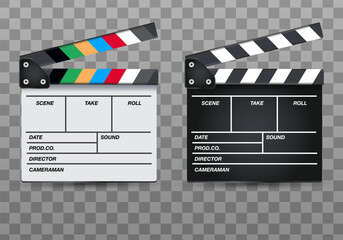 3d Realistic movie clapper board set closeup isolated on transparent background. Design template of clapperboard, slapstick, filmmaking device. Eps 10 vector illustration.