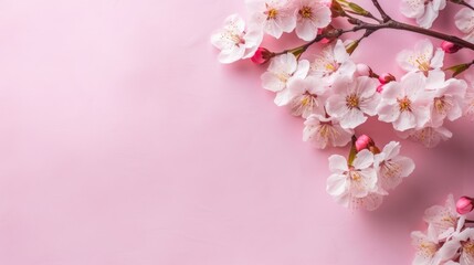 Obraz na płótnie Canvas Fresh white cherry blossoms on light pink table background. Pastel color. Flat lay. AI generative