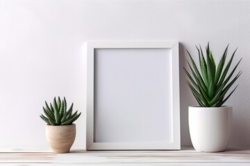 3D illustration of a horizontal mock up in a Scandinavian style interior with green succulents on a white wall background. Generative AI.