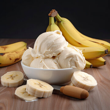 Banana ice cream in a bowl created with Generative AI technology