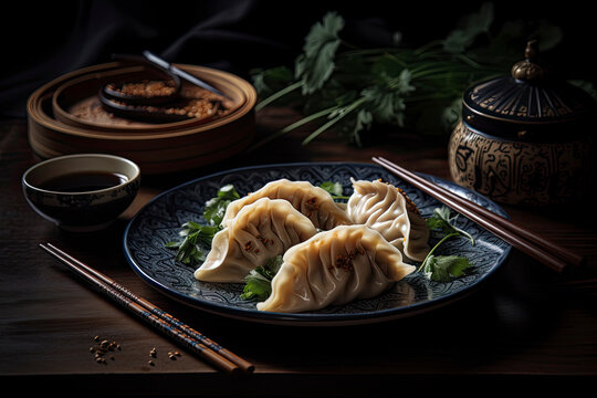 Chinese dumplings on a plate with cinematic food lighting created with Generative AI technology