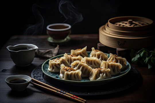 Chinese dumplings on a plate with cinematic food lighting created with Generative AI technology
