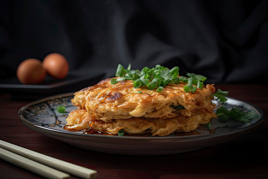 Platter of Chinese egg foo young created with Generative AI technology