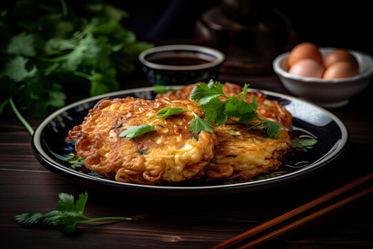 Platter of Chinese egg foo young created with Generative AI technology