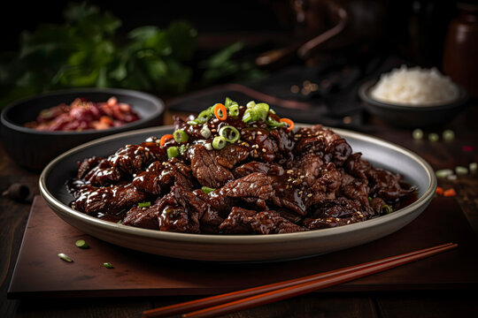 Platter of Chinese Mongolian beef created with Generative AI technology
