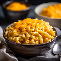 Huge bowl of cheesy macaroni and cheese created with Generative AI technology - obrazy, fototapety, plakaty