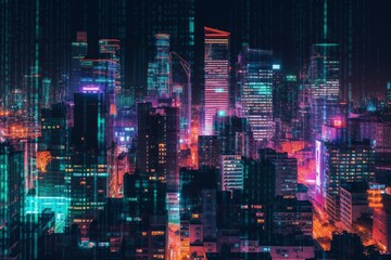Obraz na płótnie Canvas Pixelated city at night with skyscrapers lit up in bright colors. Generative AI