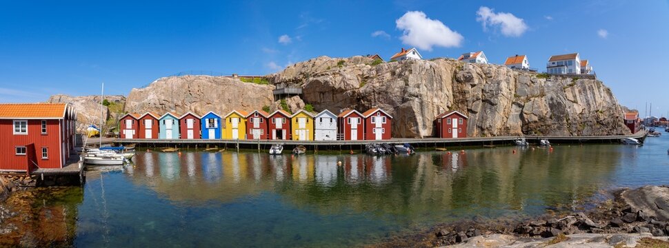 Panoramic view over the famous Sm&ouml;genbryggan with colorful boathouses in Sm&ouml;gen on the Swedish West Coast. 
99 Megapixel photo.
