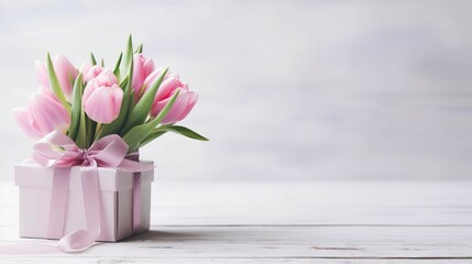 gift boxes and flowers on color background AI generative