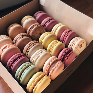 Macaroons in soft pastel colors in a box created with Generative AI technology