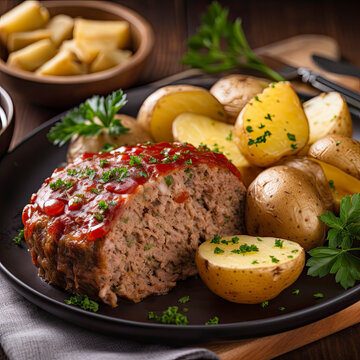 Plate of meatloaf with sides created with Generative AI technology