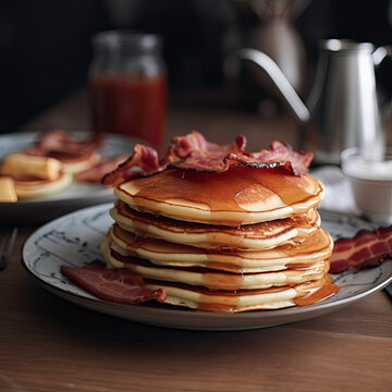 Huge stack of pancakes with bacon drizzled with syrup created with Generative AI technology
