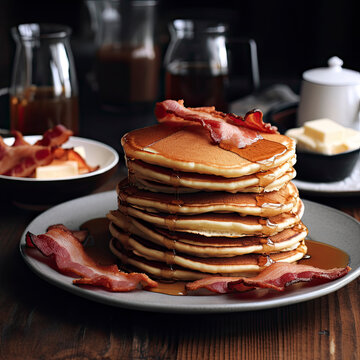 Huge stack of pancakes with bacon drizzled with syrup created with Generative AI technology