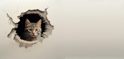 Cat Looks Through Paper Hole Background, Funny Pet Background, Abstract Generative AI Illustration