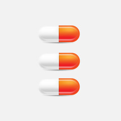 White and orange Medical Pill Icon Set Closeup Isolated on White Background. Design template of Pills