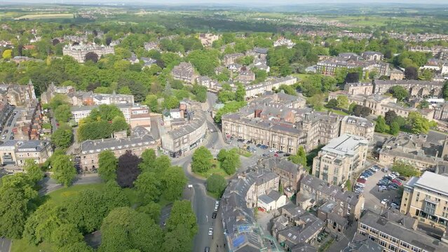 Aerial drone video of the city centre in Harrogate, England