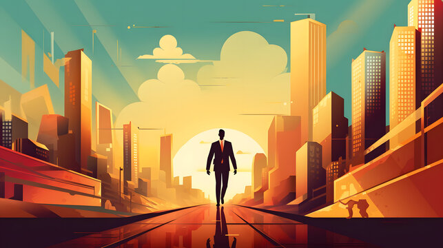 Unlock Success Harnessing the Symbolism of a Suited Businessman against a Backdrop of Sunsets and Palaces. Generative AI