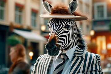 friendly and charismatic zebra character involved in an everyday activity, animal influencer, animals banner, Generative AI