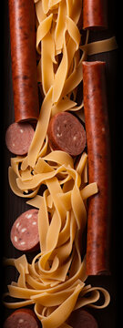Sausage and pasta flat lay created with Generative AI technology