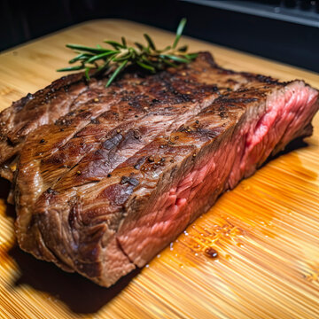 Sliced beef steak medium rare on cutting board created with Generative AI technology