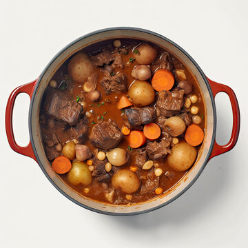 Stew pot of beef stew with potatoes and carrots created with Generative AI technology