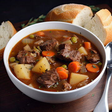 Bowl of beef stew with potatoes and carrots created with Generative AI technology