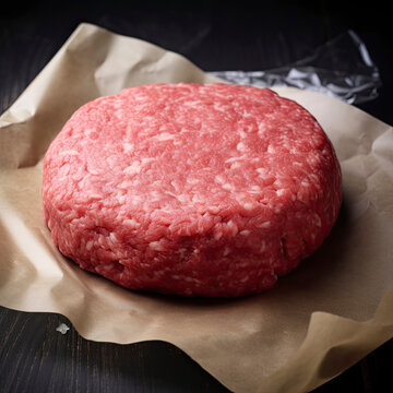 Raw hamburger beef patties on wax paper created with Generative AI technology