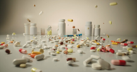 A range of pills, tablets cans and syringes on white table, representing modern addiction to drugs...