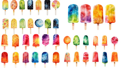 Watercolor popsicles clipart illustration collection transparent background generative ai