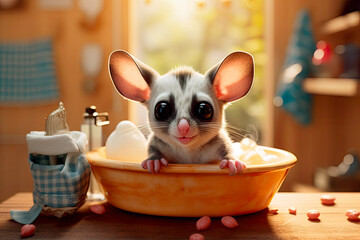 friendly and charismatic sugar glider character involved in an everyday activity, animal influencer, animals banner, Generative AI