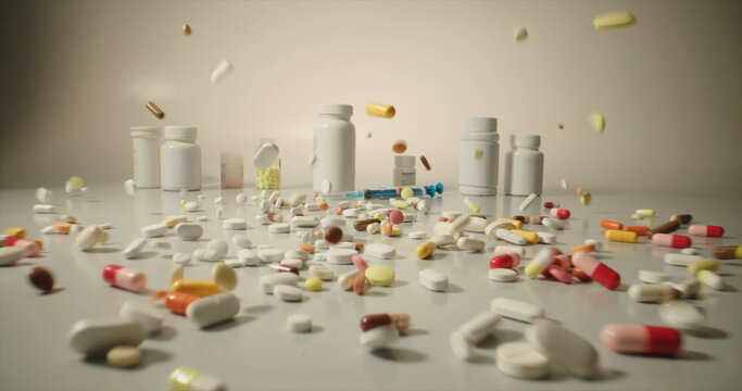 A range of pills, tablets cans and syringes on white table, representing modern addiction to drugs and medicine - pharmaceutical industry concept 