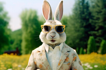 friendly and charismatic rabbit character involved in an everyday activity, animal influencer, animals banner, Generative AI