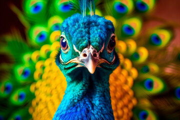 friendly and charismatic peacock character involved in an everyday activity, animal influencer, animals banner, Generative AI