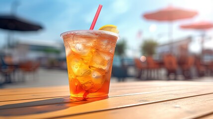 close up refreshing cool drink, fruits infused water on outdoors table, Generative Ai