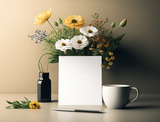 Empty blank of paper mockup with white and yellow blossom flowers and cup. Elegant bloom garden floral and template of flat card. Generative AI
