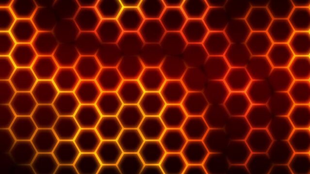 Fiery glowing hexagonal pattern background with pulsating lava colors from red to orange and yellow as futuristic background pattern for seamless looping of honeycomb pattern in science fiction cells