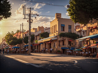 Spanish neighborhood plaza bustling with life , coffee shop, newspaper stand, telephone poles and wires, evening light