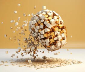 Cognitive Dismantling: A Pixelated Brain in Gold and White | AI Generated