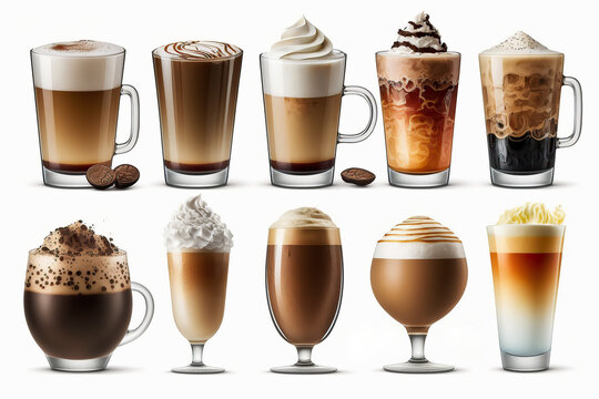 Ai generated illustration Set with different sorts of coffee in glass on white background