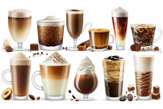 Ai generated illustration Set with different sorts of coffee in glass on white background