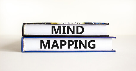 Mind mapping symbol. Concept words Mind mapping on beautiful books on a beautiful white table white background. Business, support, motivation, psychological and mind mapping concept. Copy space.