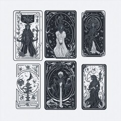 Six black tarot cards. Magic occult set of tarot cards. Engraving illustration. Cards isolated on white background for poster, sticker, template. Generative AI, Generative, AI