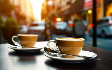 Two cups of delicious aromatic coffee against the background of the morning sun and a modern city. Generative AI.