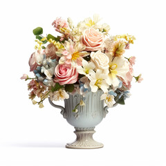 Beautiful bouquet of blooming flowers in a vintage vase isolated on white background, country style home decor and interior design, generative ai