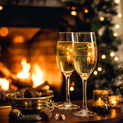 Champagne in front of a fireplace on a holiday eve celebration, Merry Christmas, Happy New Year and Happy Holidays wishes, generative ai