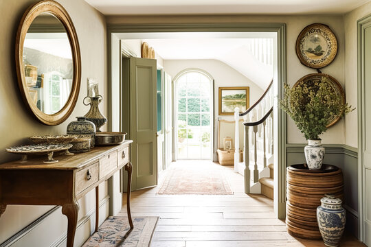 Cottage hallway decor, interior design and house improvement, welcoming entryway furniture, stairway and entrance hall home decor in an English country house, generative ai