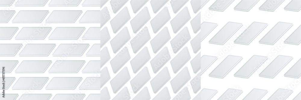 Aufkleber 3D mobile phone seamless patterns. Smart screen on blank clay app design. Tablet prototype. Smartphone interface mockup. Gadgets view anglas. Showcase banner. Vector background set