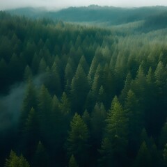 A Bird'S Eye View Of A Pine Forest Widescreen With Low Cloud