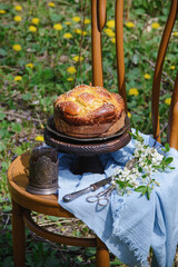 Homemade cake on a chair in a garden of blooming dandelions. Close up - 611737579