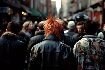 Back view of punk in leather jacket with colorful hair in crowd. Generative AI illustration